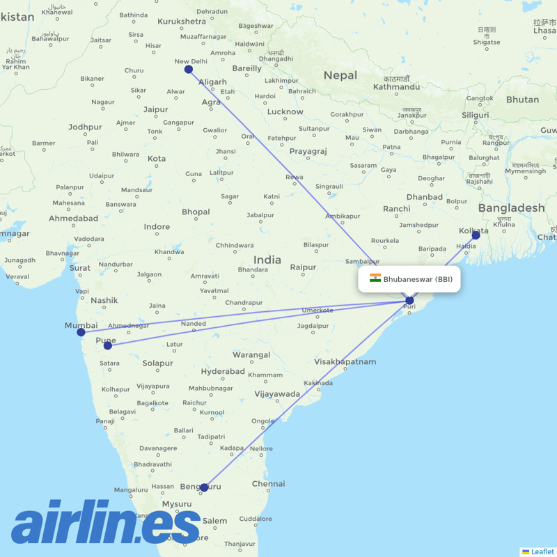 AirAsia India from Bhubaneshwar destination map