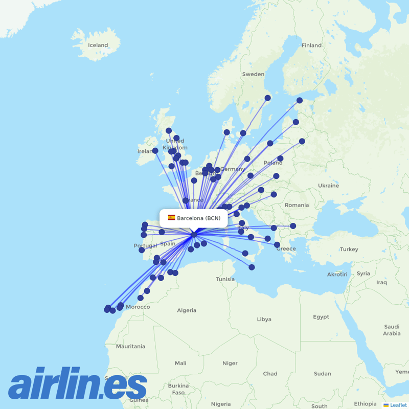 Ryanair from El Prat Airport destination map
