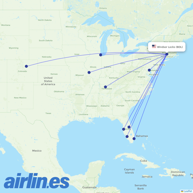 Southwest Airlines from Bradley International destination map