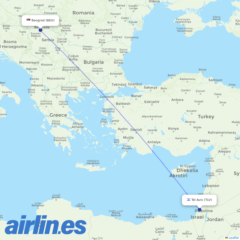 Arkia Israeli Airlines from Belgrad Nikola Tesla Airport destination map