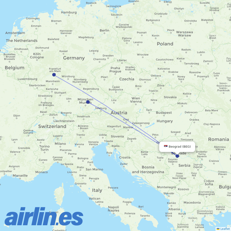 Lufthansa from Belgrad Nikola Tesla Airport destination map