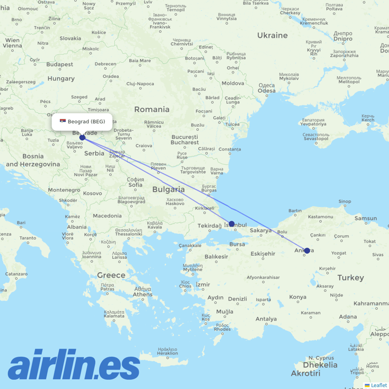 Turkish Airlines from Belgrad Nikola Tesla Airport destination map