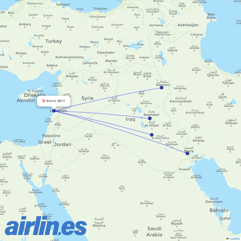 Iraqi Airways from Beirut International Airport destination map