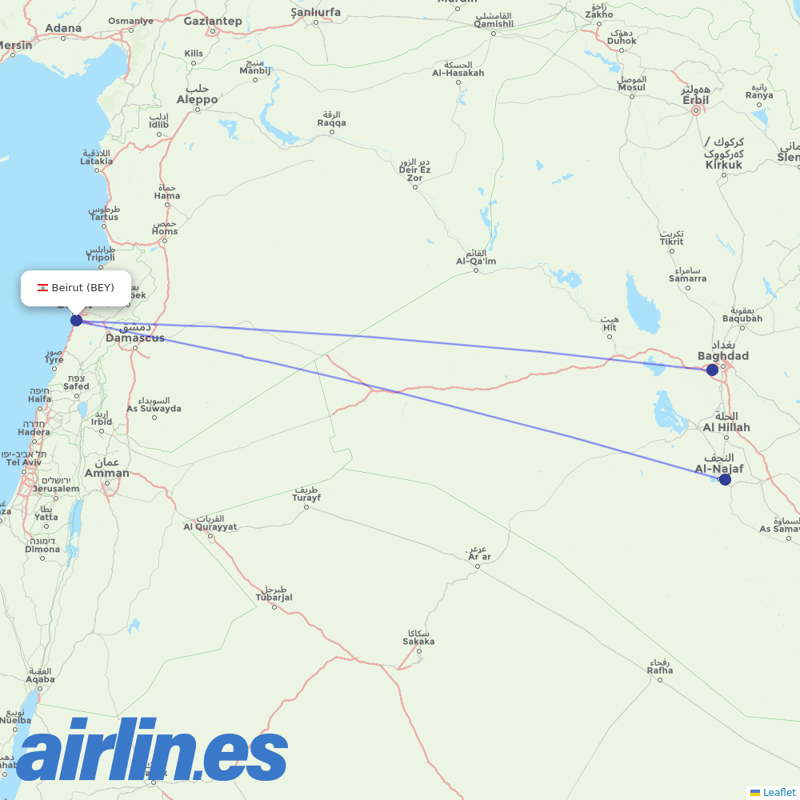 Fly Baghdad from Beirut International Airport destination map