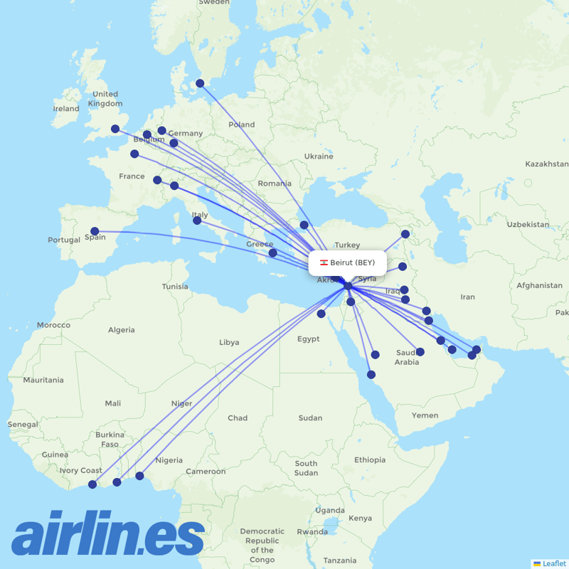 Middle East Airlines from Beirut International Airport destination map