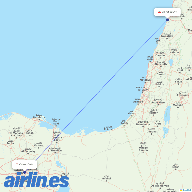 EgyptAir from Beirut International Airport destination map