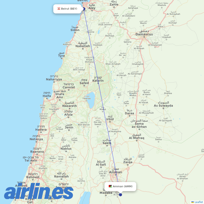 Royal Jordanian from Beirut International Airport destination map