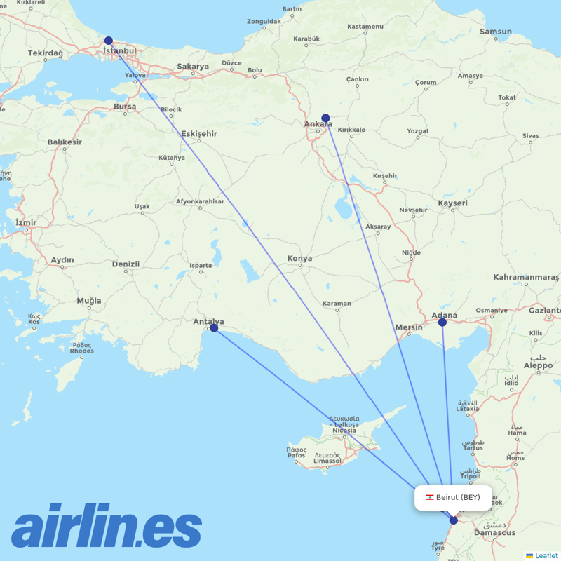 Turkish Airlines from Beirut International Airport destination map