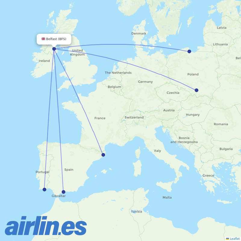 Ryanair from Aldergrove Airport destination map
