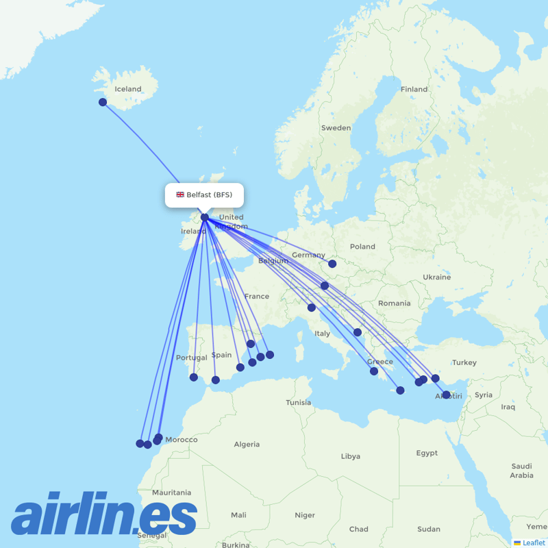 Jet2 from Aldergrove Airport destination map