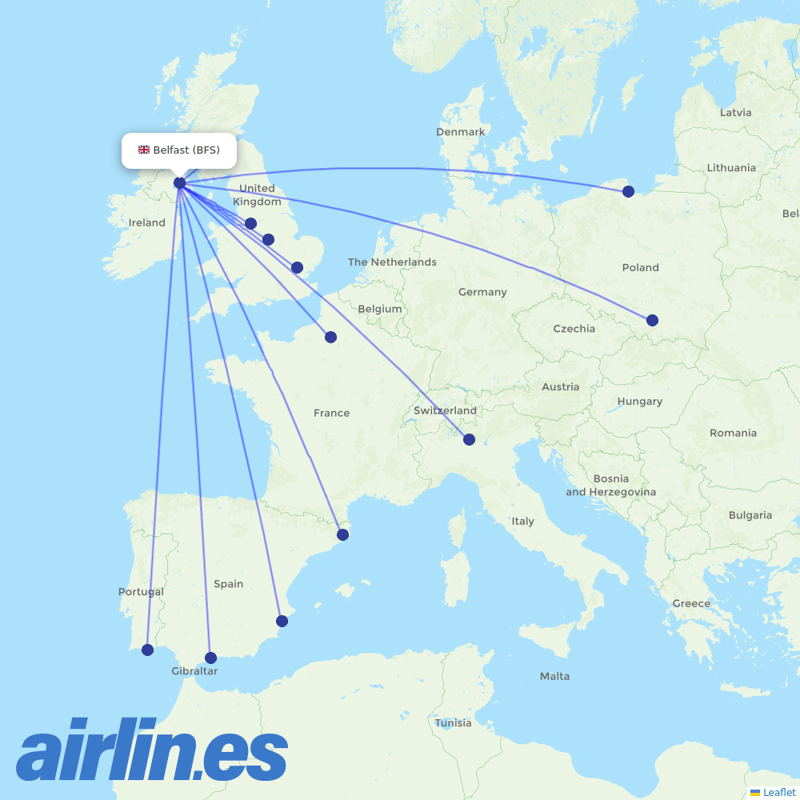 Ryanair UK from Aldergrove Airport destination map