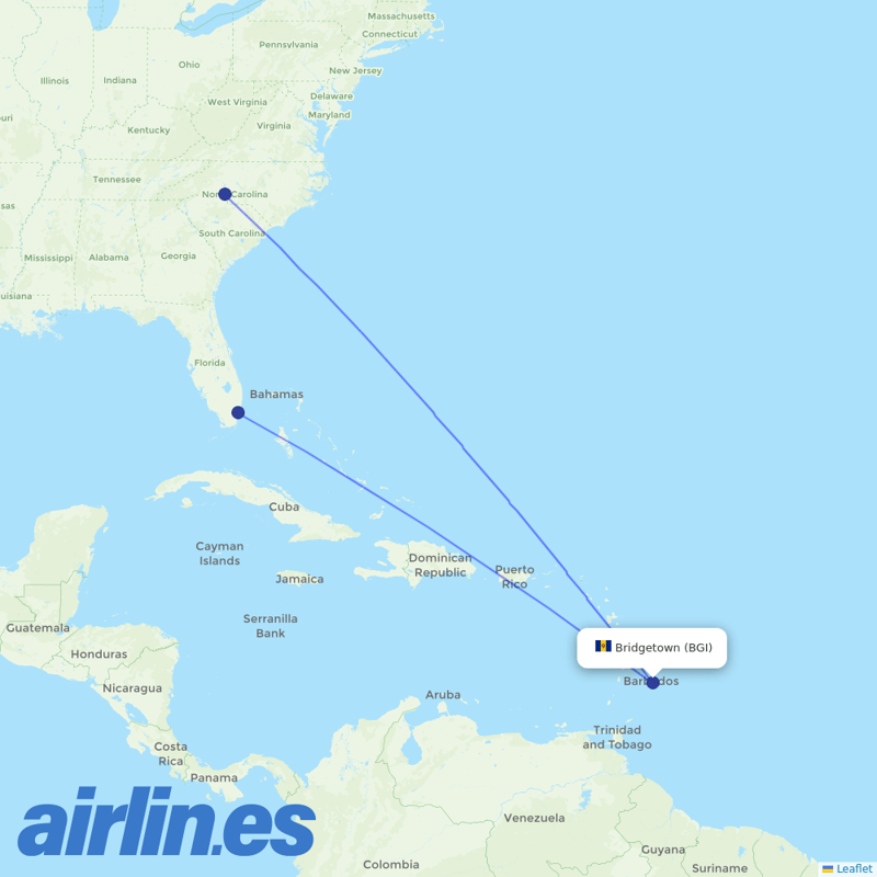 American Airlines from Grantley Adams International destination map