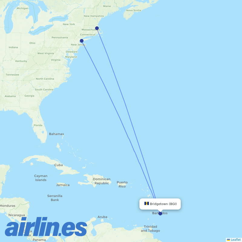 JetBlue Airways from Grantley Adams International destination map