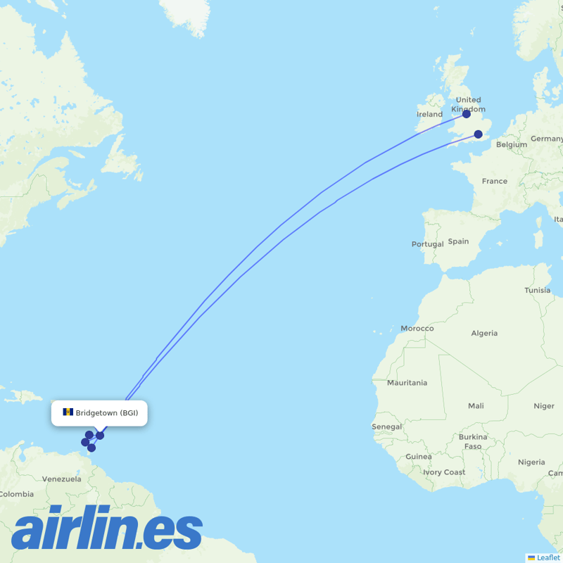 Virgin Atlantic from Grantley Adams International destination map