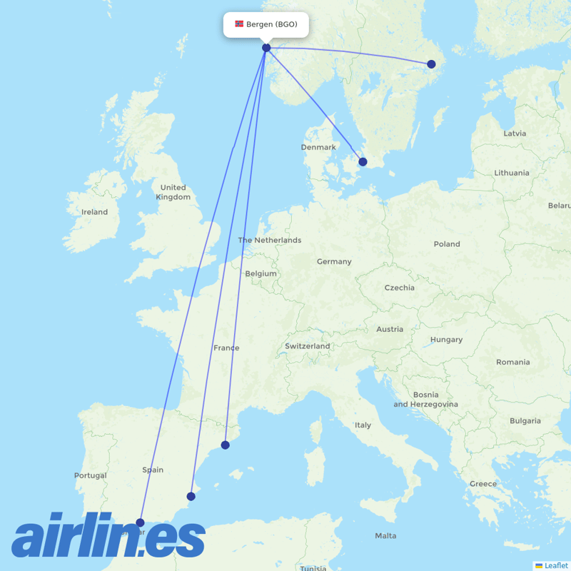 Norwegian Air Intl from Bergen Airport destination map