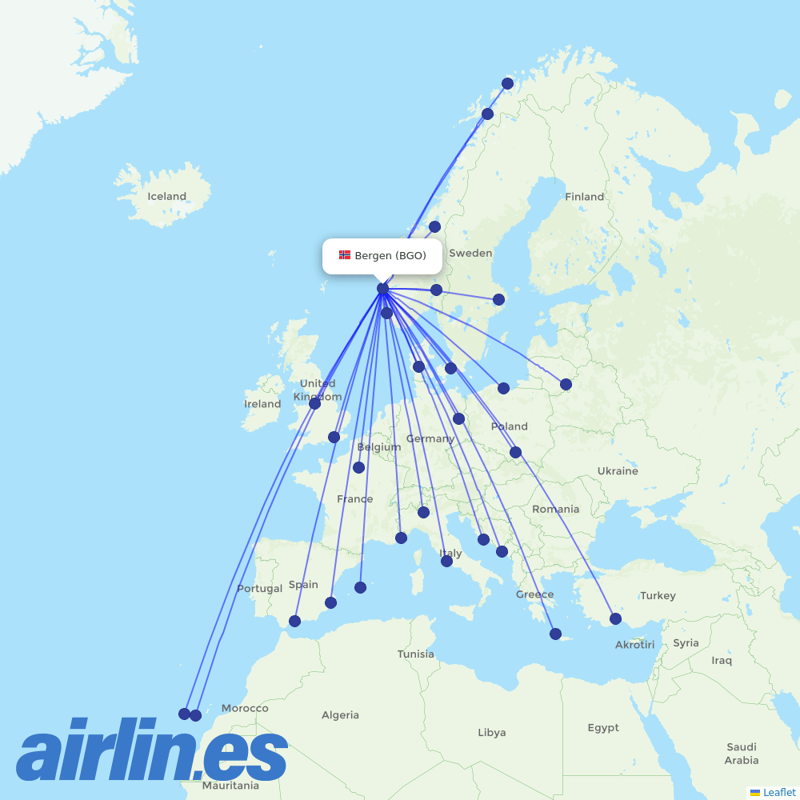 Norwegian Air from Bergen Airport destination map