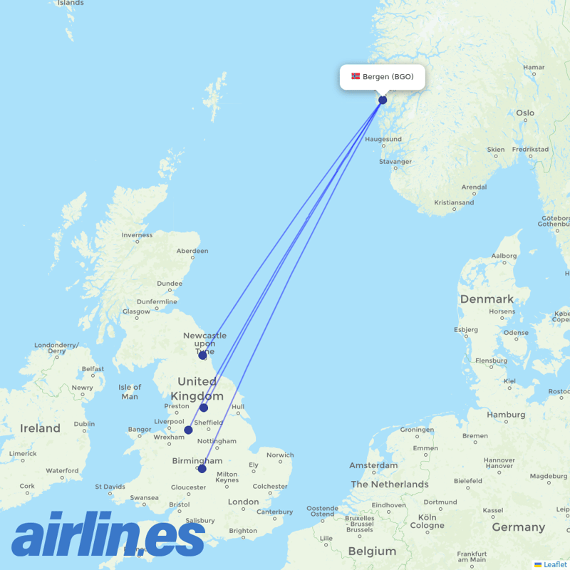 Jet2 from Bergen Airport destination map