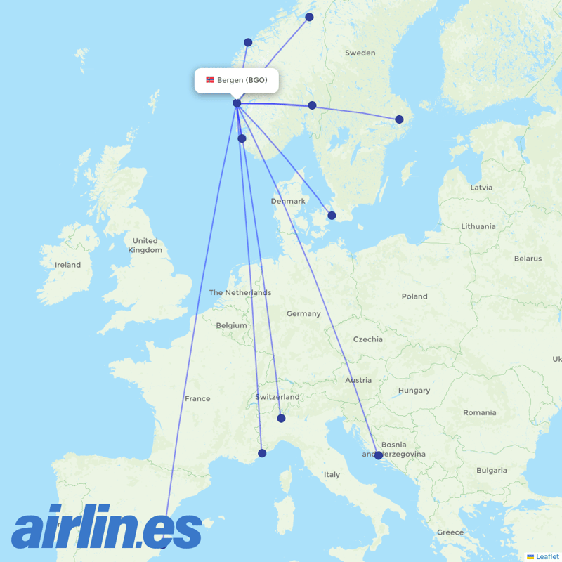 Scandinavian Airlines from Bergen Airport destination map