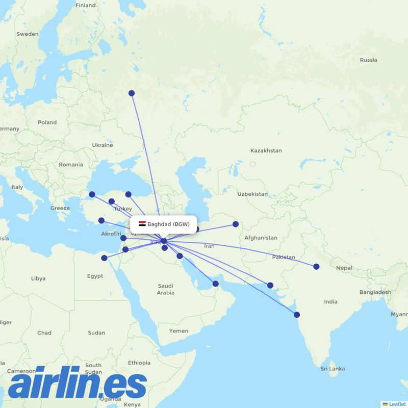 Iraqi Airways from Baghdad International Airport destination map