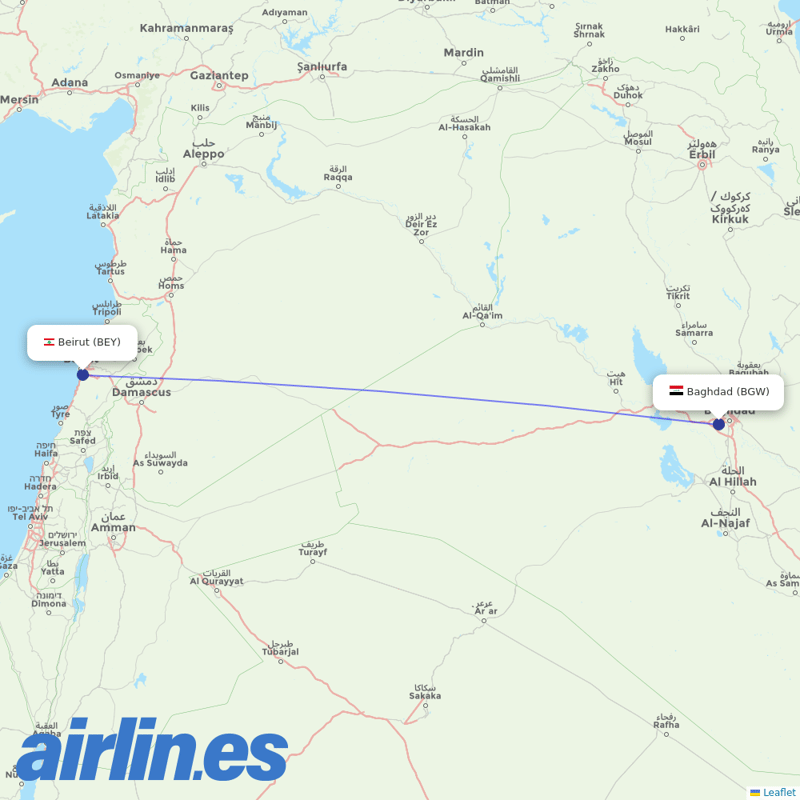 Middle East Airlines from Baghdad International Airport destination map