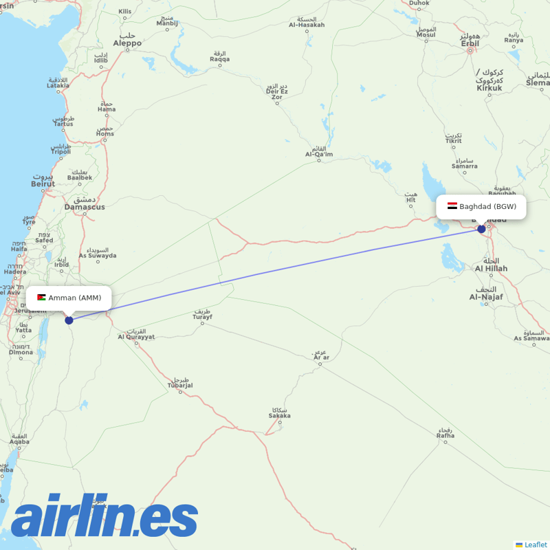 Royal Jordanian from Baghdad International Airport destination map