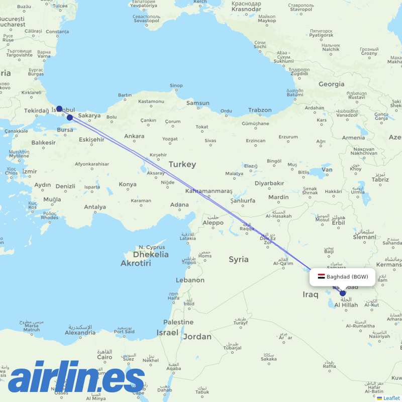 Turkish Airlines from Baghdad International Airport destination map