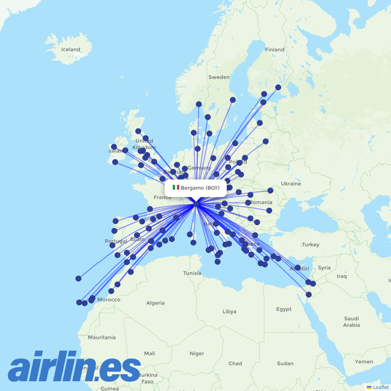 Ryanair from Orio al Serio International Airport destination map