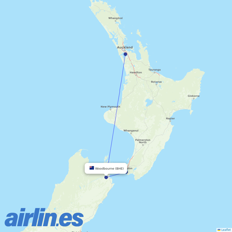 Air New Zealand from Woodbourne destination map