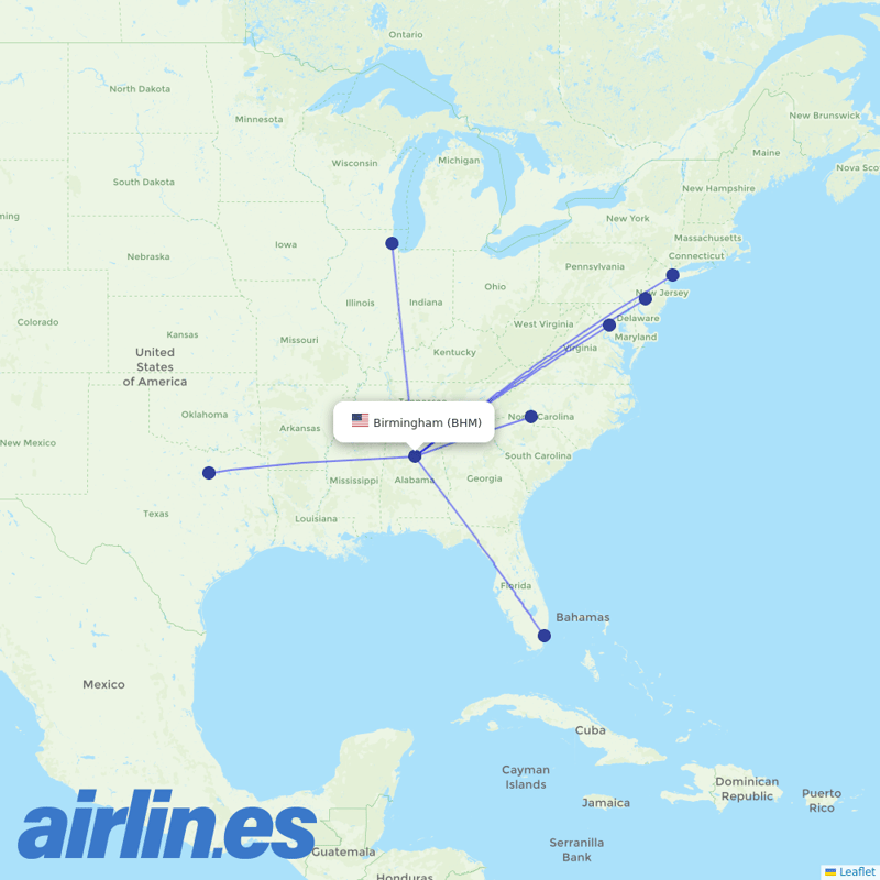 American Airlines from Birmingham International destination map