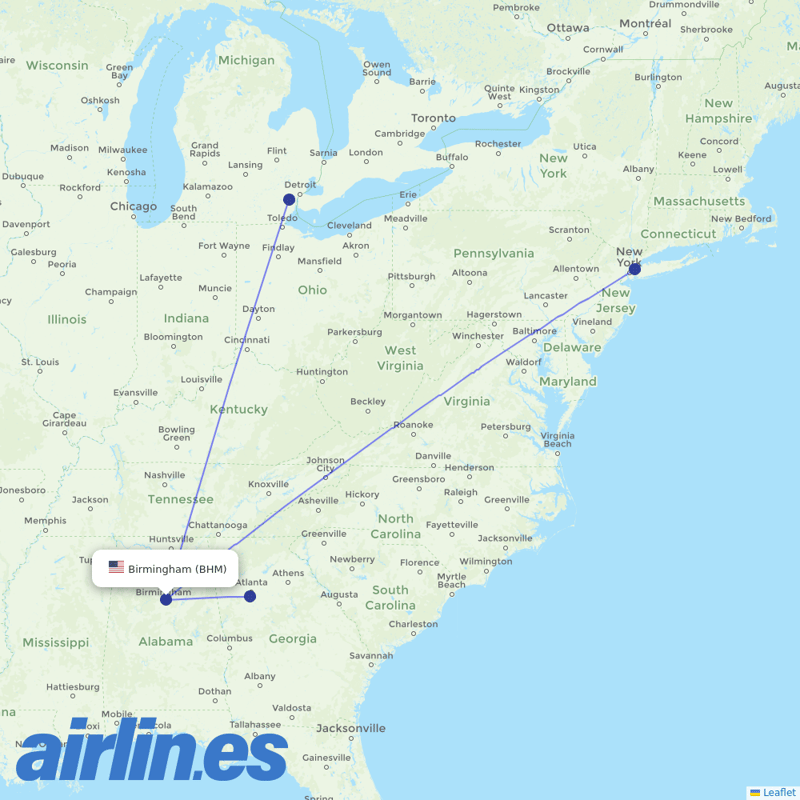Delta Air Lines from Birmingham International destination map