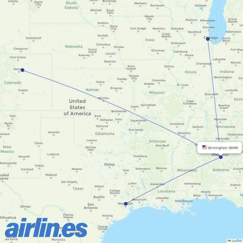United Airlines from Birmingham International destination map