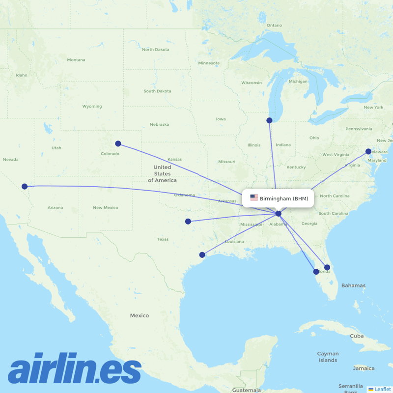 Southwest Airlines from Birmingham International destination map