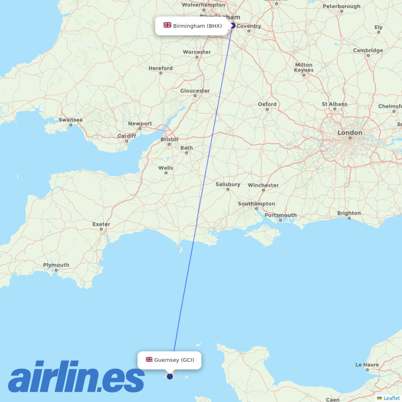 Aurigny Air Services from Birmingham Airport destination map