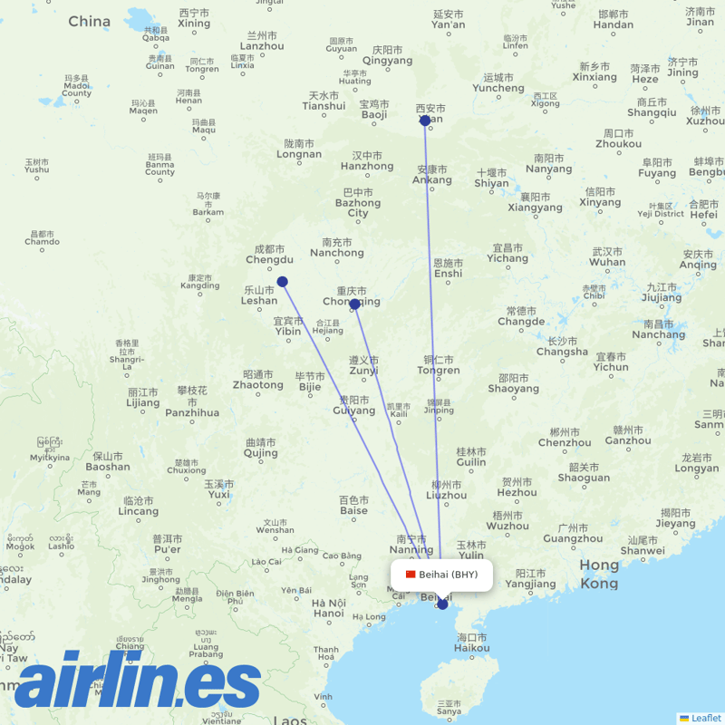 Sichuan Airlines from Beihai Airport destination map