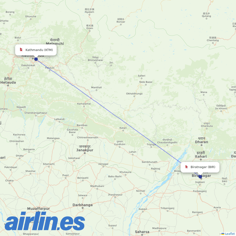 Yeti Airlines from Biratnagar destination map