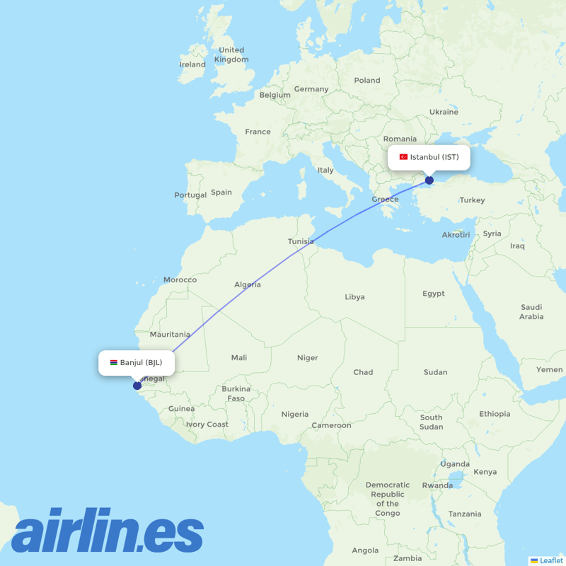 Turkish Airlines from Banjul International destination map