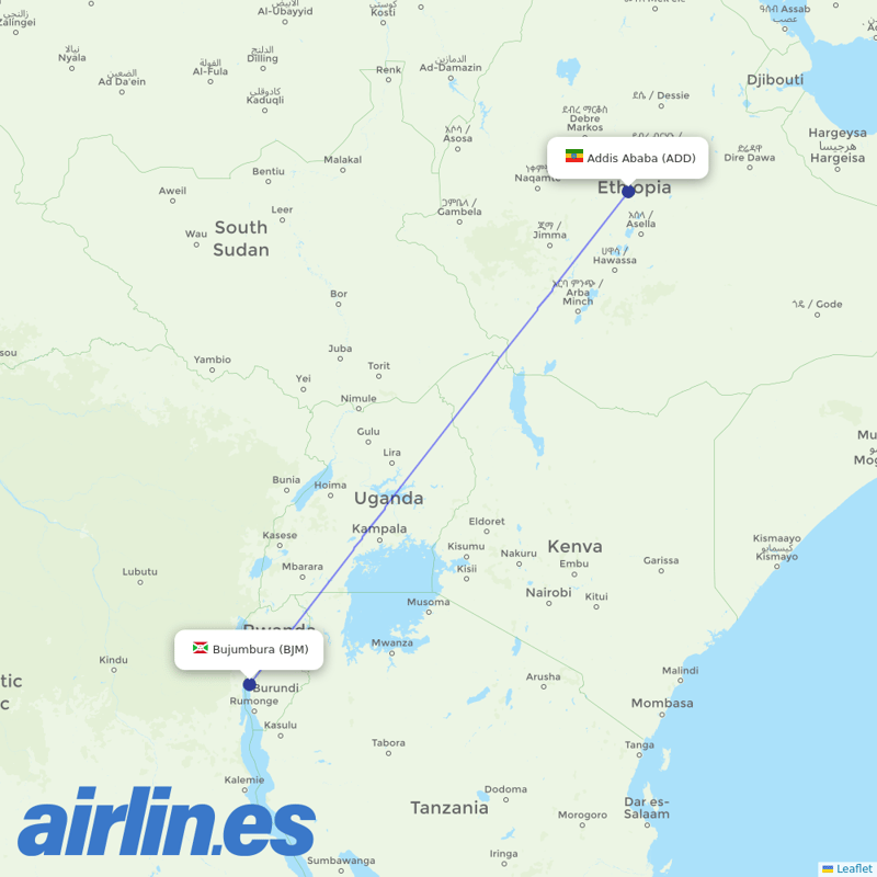 Ethiopian Airlines from Bujumbura International destination map