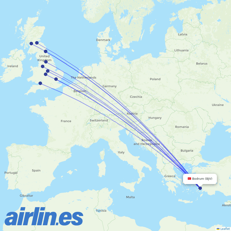 Jet2 from Bodrum - Milas destination map