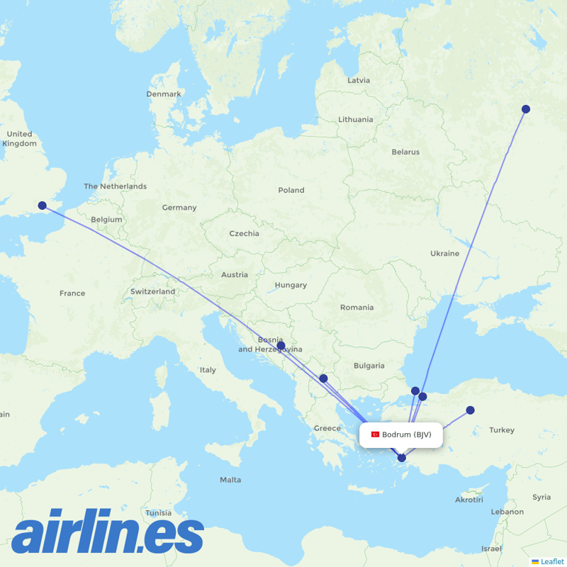 Turkish Airlines from Bodrum - Milas destination map