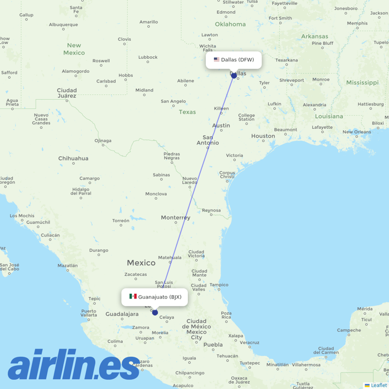 American Airlines from Guanajuato destination map