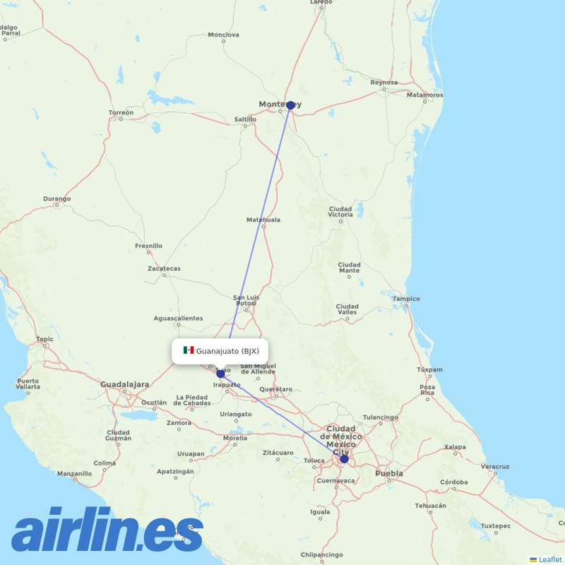 Aeromexico from Guanajuato destination map