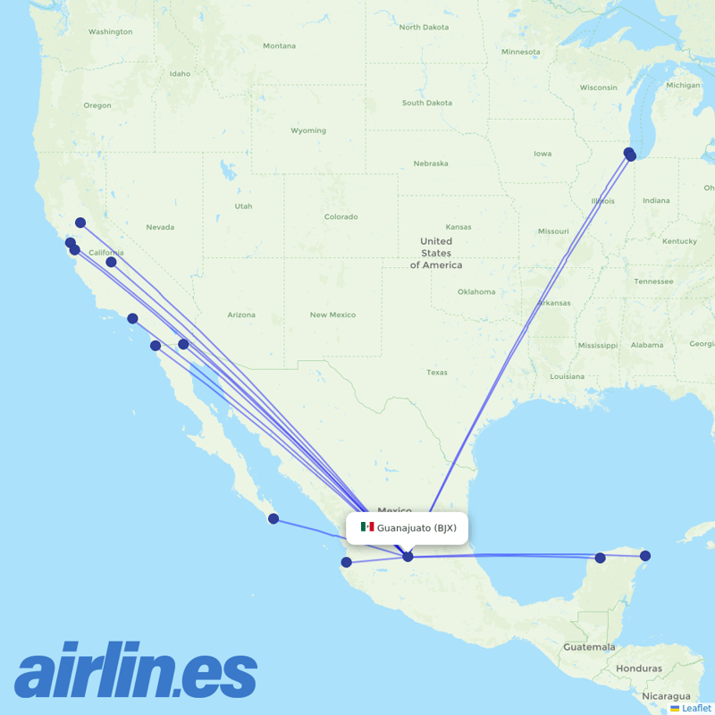 Volaris from Guanajuato destination map