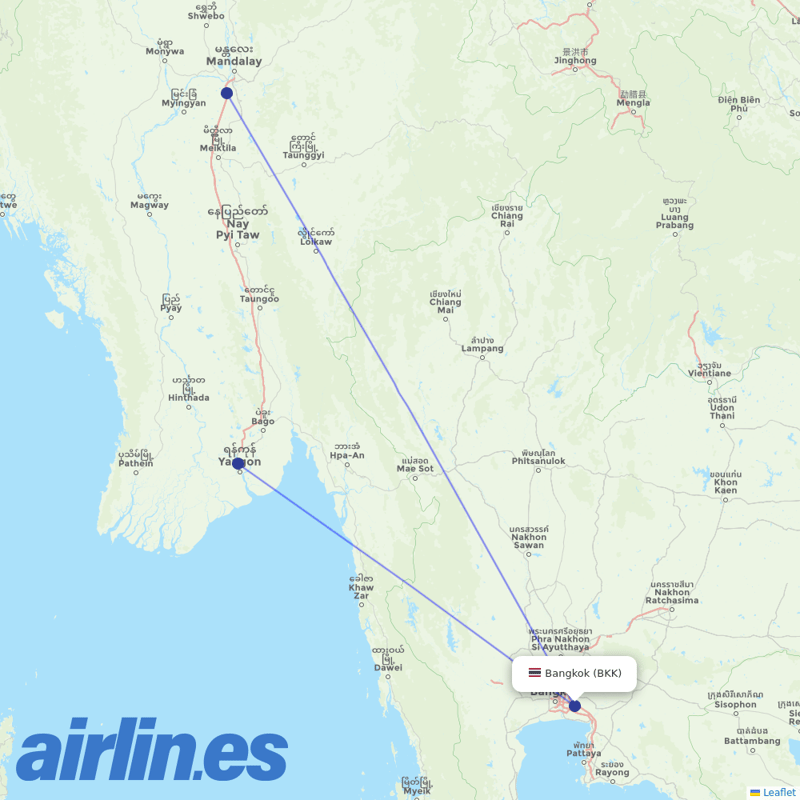 Myanmar Airways International from Suvarnabhumi Airport destination map