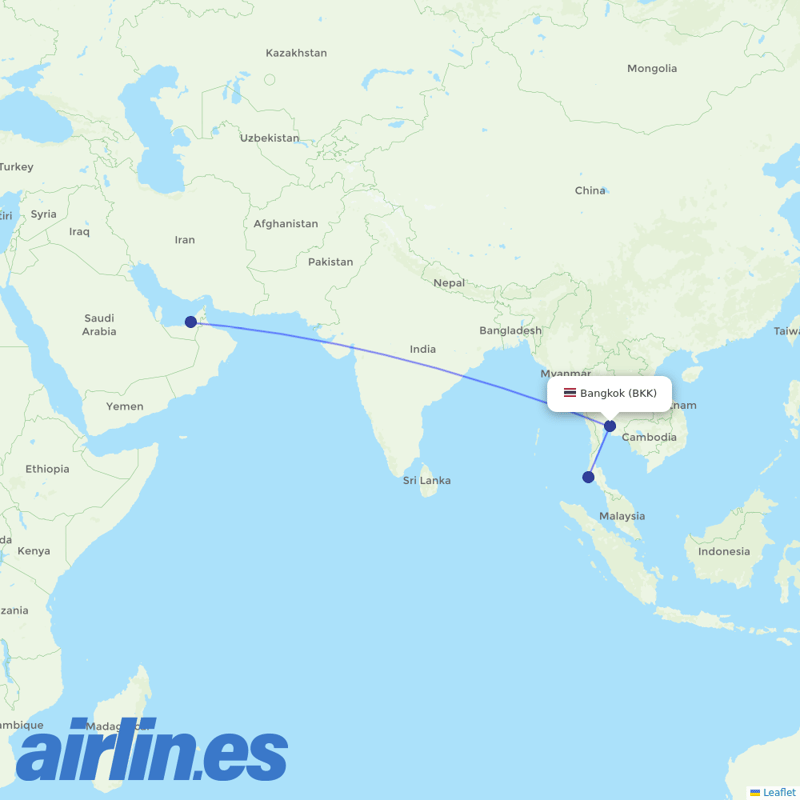 Etihad Airways from Suvarnabhumi Airport destination map