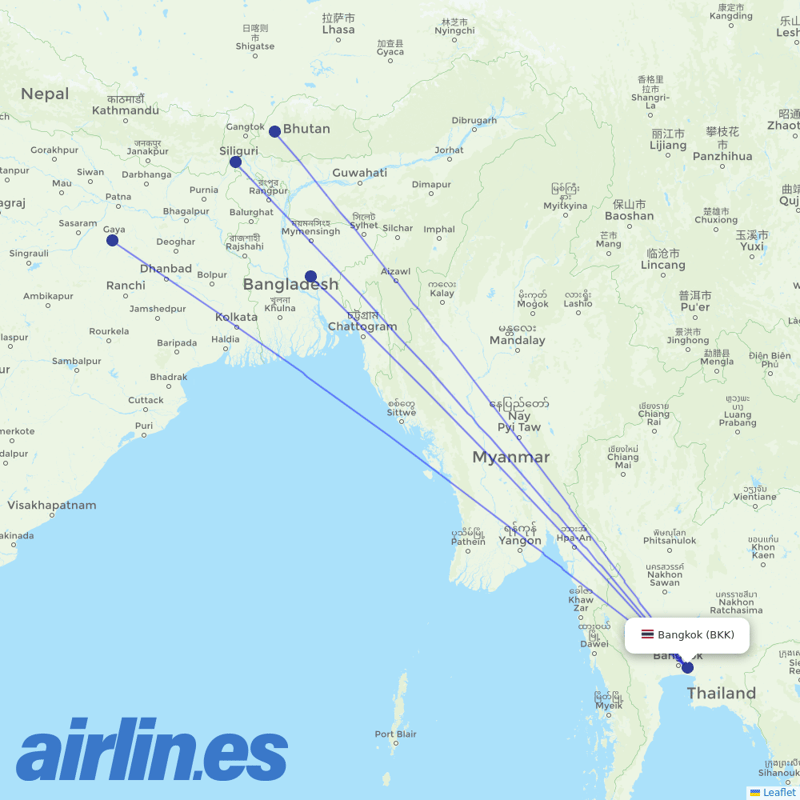 Drukair from Suvarnabhumi Airport destination map