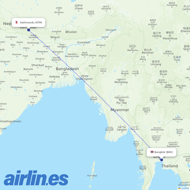 Nepal Airlines from Suvarnabhumi Airport destination map