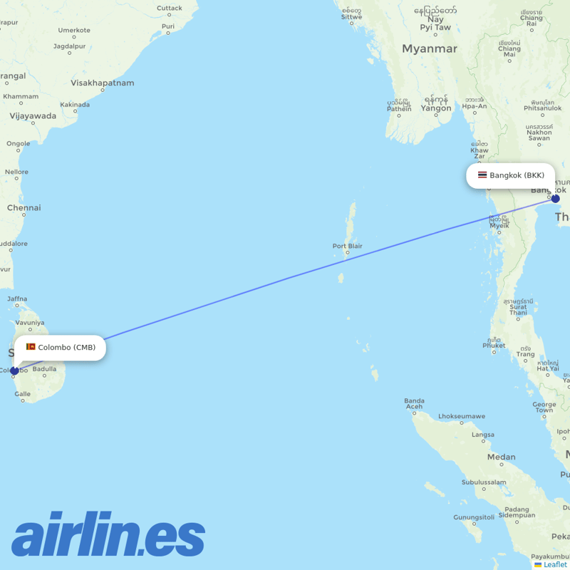 SriLankan Airlines from Suvarnabhumi Airport destination map