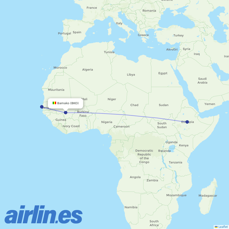 Ethiopian Airlines from Bamako Senou destination map