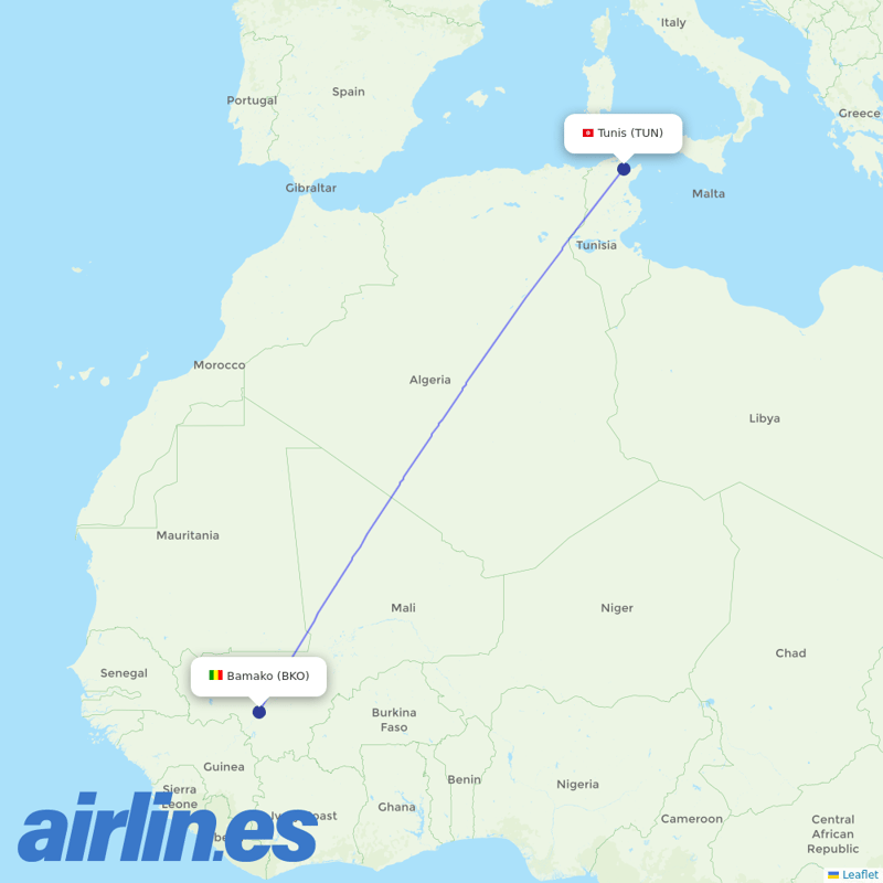 Tunisair from Bamako Senou destination map