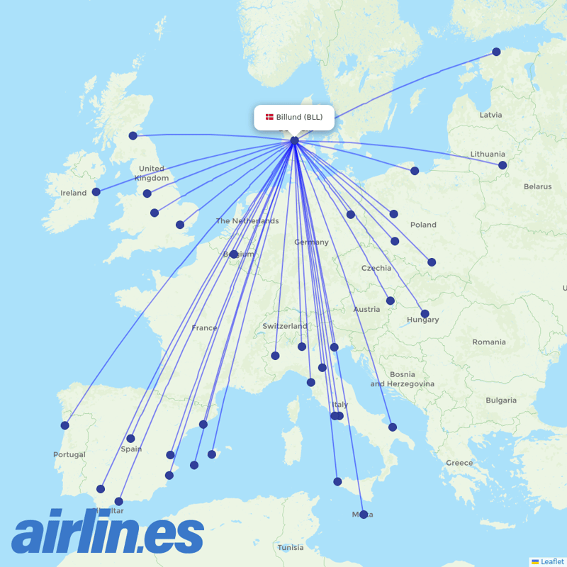 Ryanair from Billund Airport destination map